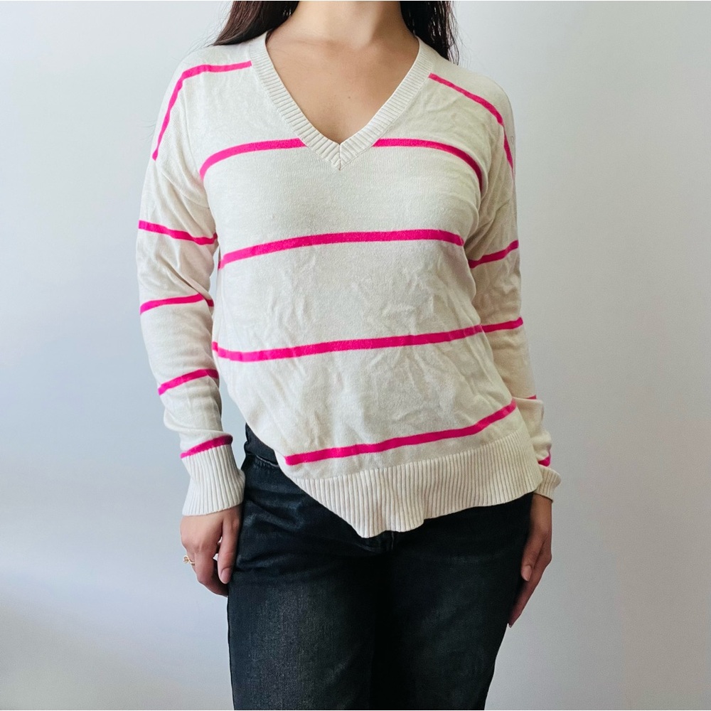 Loft V-Neck Striped Sweater Cream and Pink size Medium
